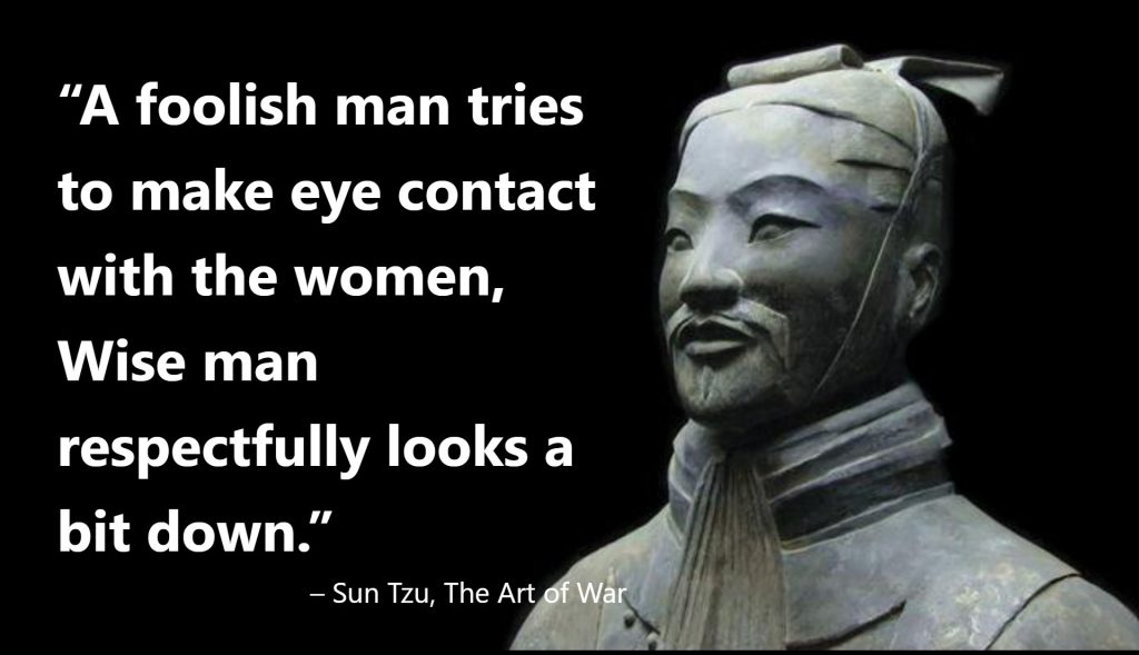 A foolish man tries to make eye contact with the women, Wise man respectfully looks a bit down.